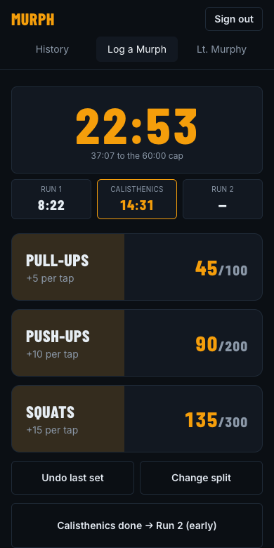 The live workout screen: a big timer, run and calisthenics sub-timers, and three large tap buttons for pull-ups, push-ups and squats